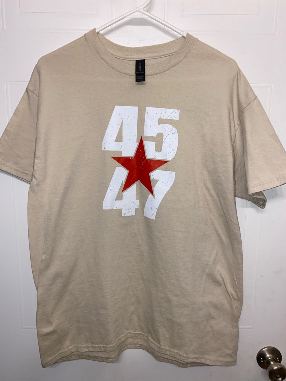 Gildan Tan Short Sleeve Tee with Red Star and White Numbers 45/47